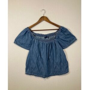 Gap Womens Medium Wash Denim Off The Shoulder Smocked Chambray Top Size M Cotton